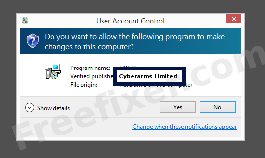 Screenshot where Cyberarms Limited appears as the verified publisher in the UAC dialog